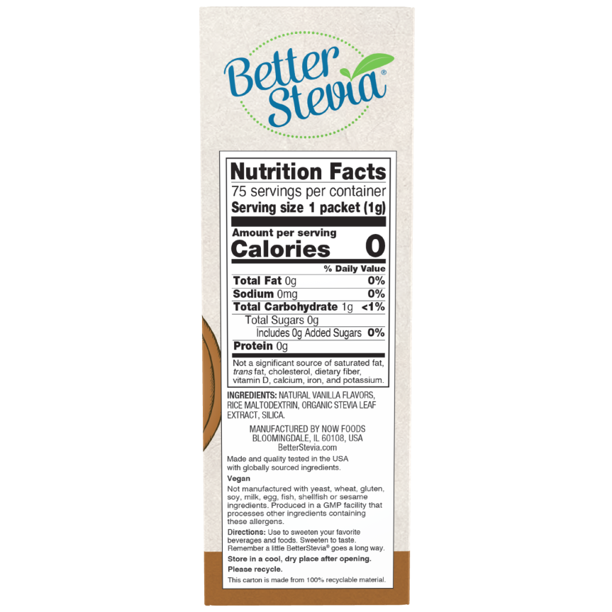 Now Foods BetterStevia French Vanilla 75 Packets Per Box - 6863 - 4 Pack