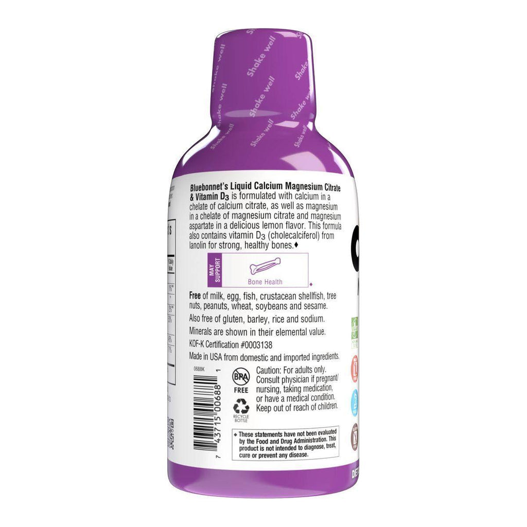 Bluebonnet Kosher Calcium Magnesium Citrate Plus Vitamin D3 Liquid Strawberry Flavor 16 oz
