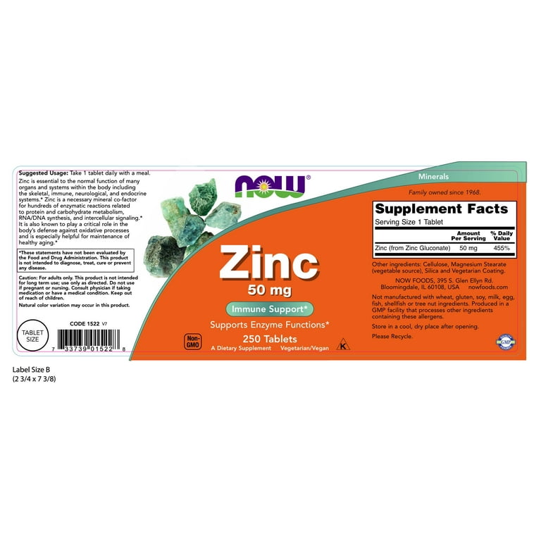 Now Foods Zinc 50mg 250 Tablets - 1522 - 4 Pack
