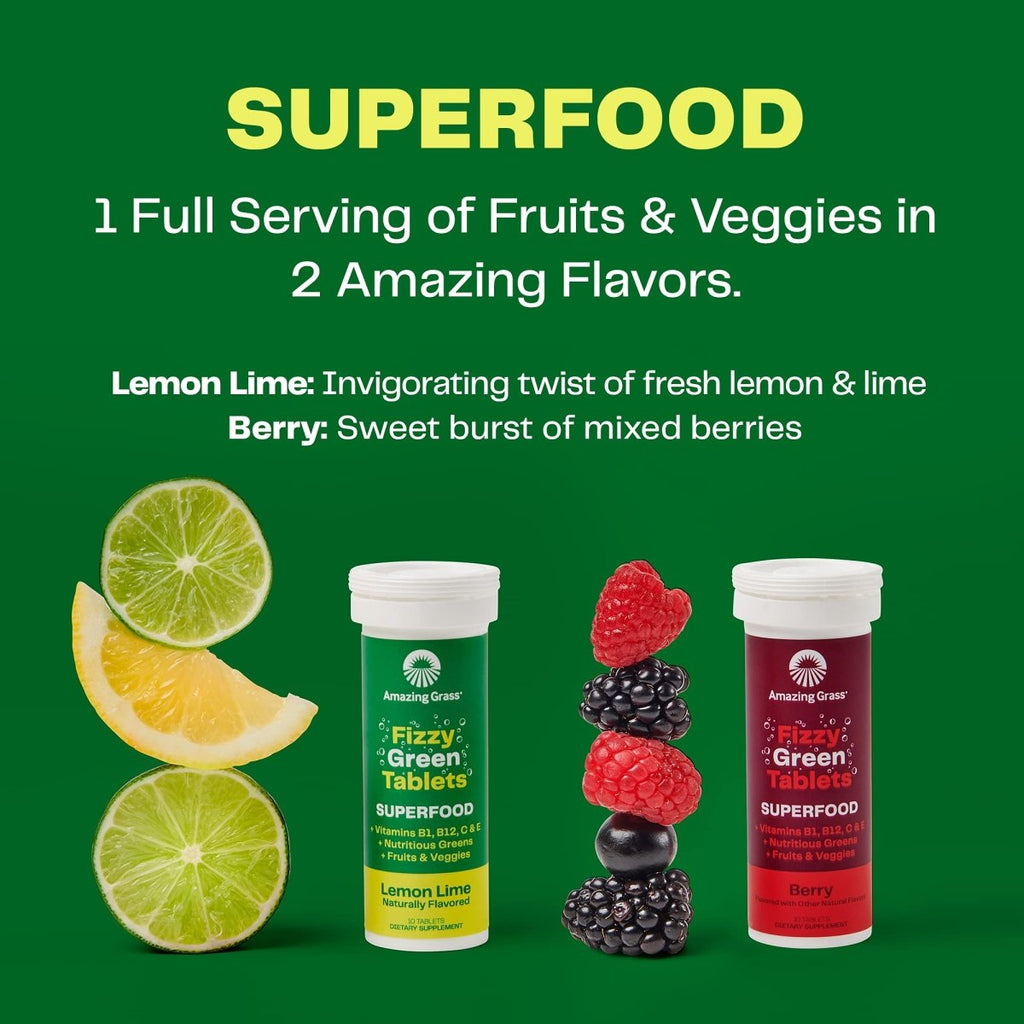Amazing Grass Fizzy Green Tablets Superfood Lemon Lime:  60 Count (Packaging May Vary)