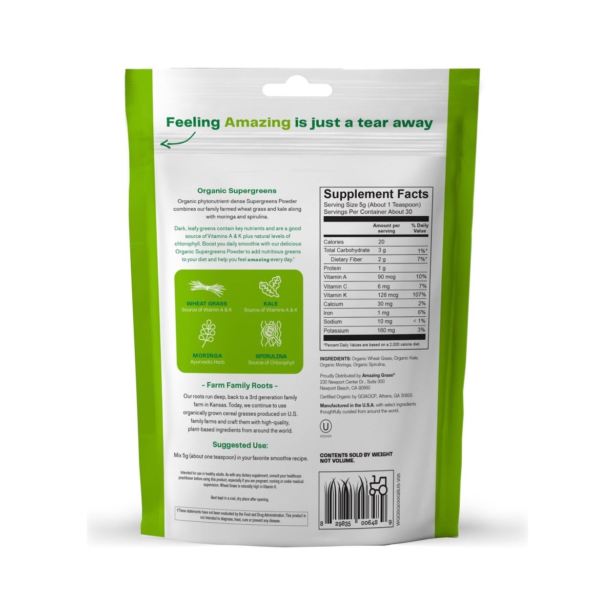 Amazing Grass Organic Supergreens Powder 30 Servings 150 Grams