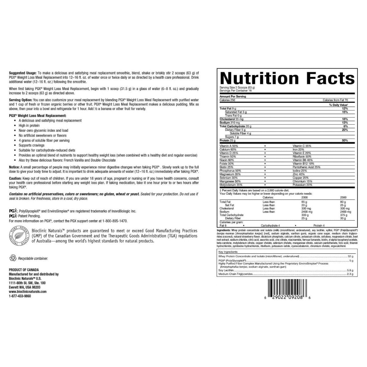 Bioclinic Naturals PGX Weight Loss Meal Replacement French Vanilla 35oz