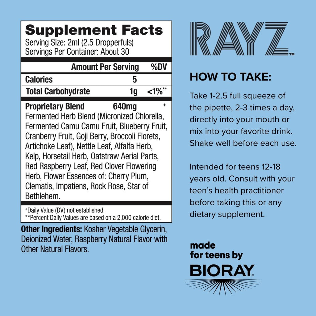 BIORAY RAYZ All Systems Glow, Raspberry Flavor - 2 fl oz - Convenient Source of Vitamins & Minerals for Teens 12-18 Years Old