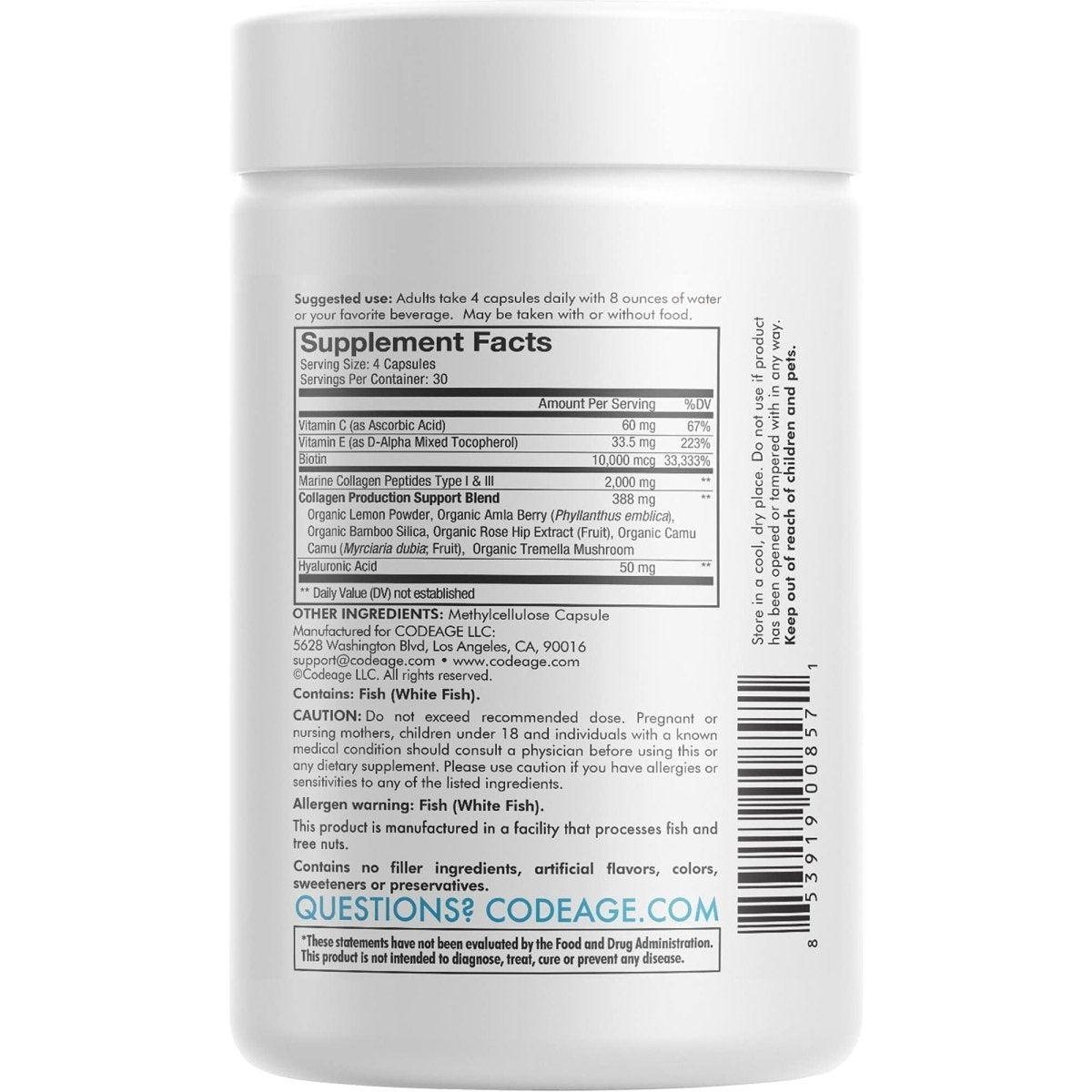 Codeage - Biotin Marine Collagen Types I & II Wild-Caught - 120 Capsules