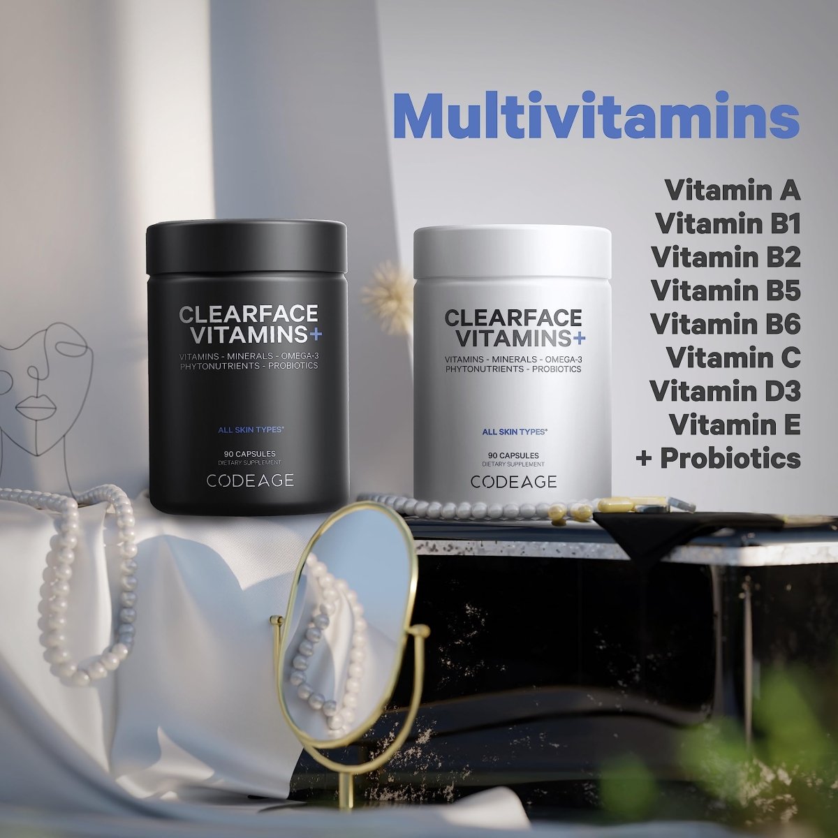 Codeage - Clearface Pantothenic Acid, Niacin, Vitamins A, C, D3, E, FloraFIT Probiotics - 90 Capsules