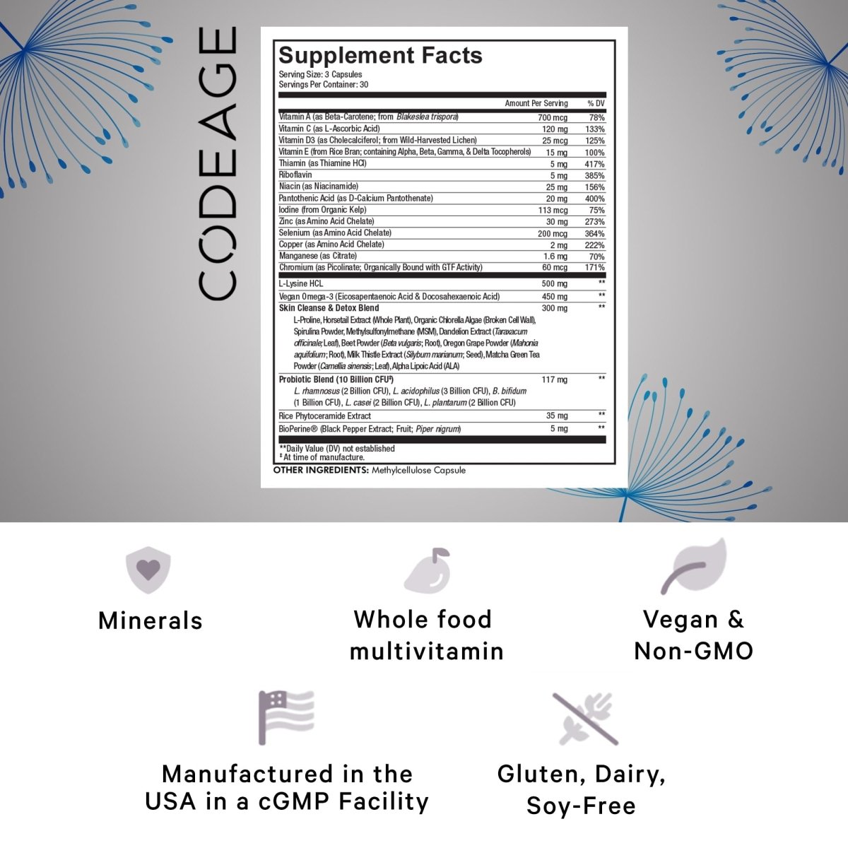 Codeage - Clearface Pantothenic Acid, Niacin, Vitamins A, C, D3, E, FloraFIT Probiotics - 90 Capsules