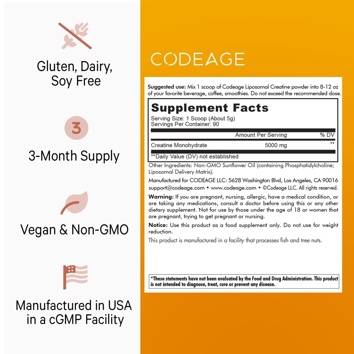 Codeage - Liposomal Creatine Monohydrate Powder Supplement Micronized Sports Muscles Unflavored - 16.03 oz.