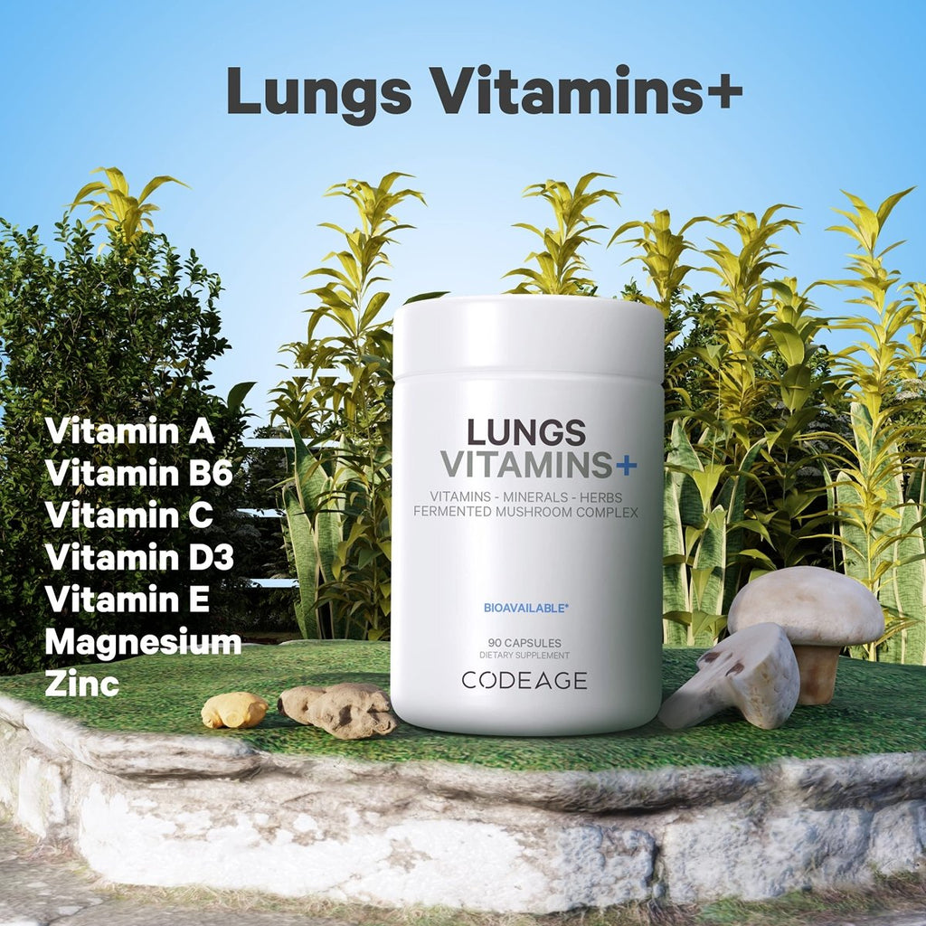 Codeage - Lungs Vitamins A, C, D, E, B6, Milk Thistle, Zinc & Magnesium, Cordyceps, Reishi - 90 Capsules