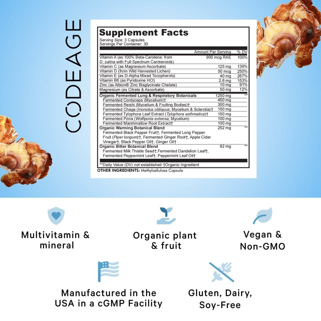 Codeage - Lungs Vitamins A, C, D, E, B6, Milk Thistle, Zinc & Magnesium, Cordyceps, Reishi - 90 Capsules