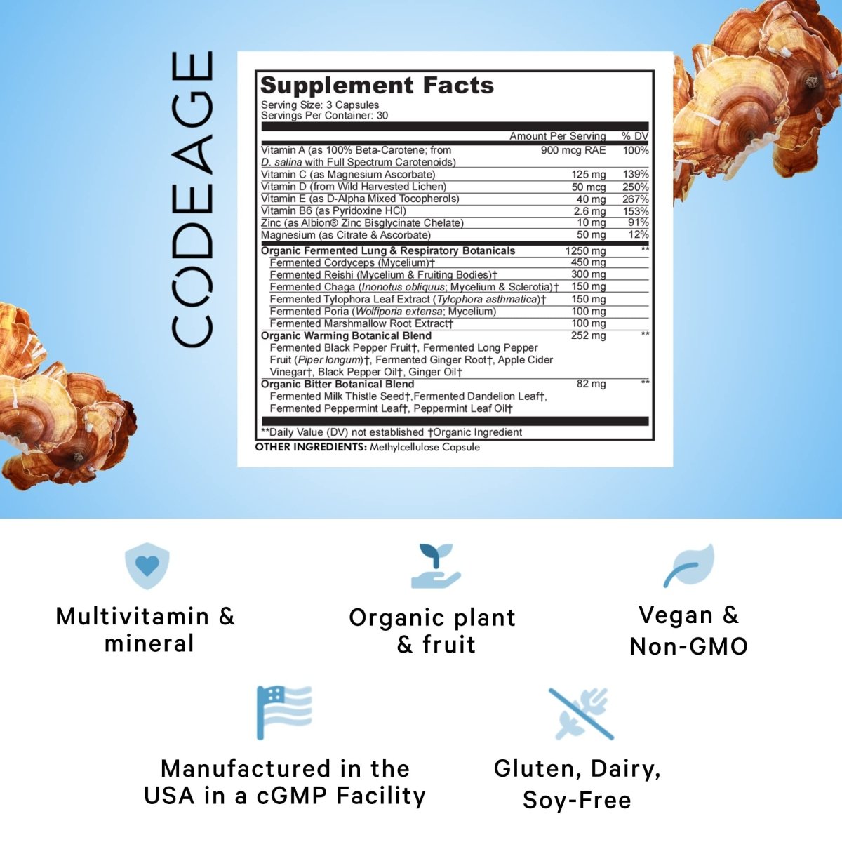 Codeage - Lungs Vitamins A, C, D, E, B6, Milk Thistle, Zinc & Magnesium, Cordyceps, Reishi - 90 Capsules