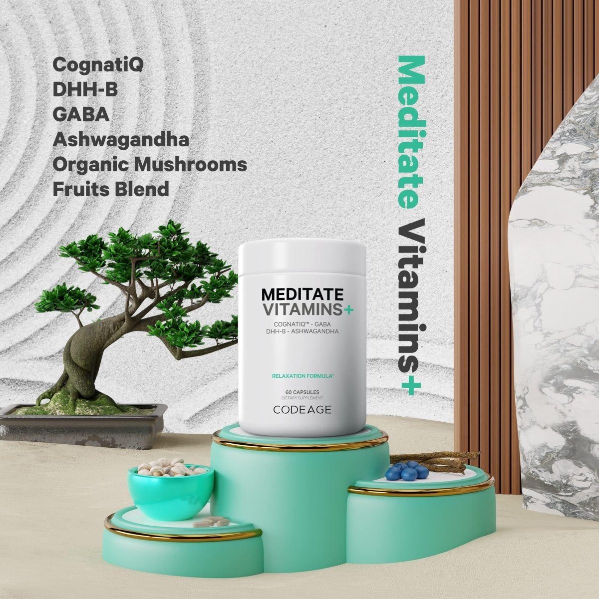 Codeage - Meditate Vitamins Brain Supplement - GABA, DHH-B, NeuroFactor, Ashwagandha - 60 Capsules