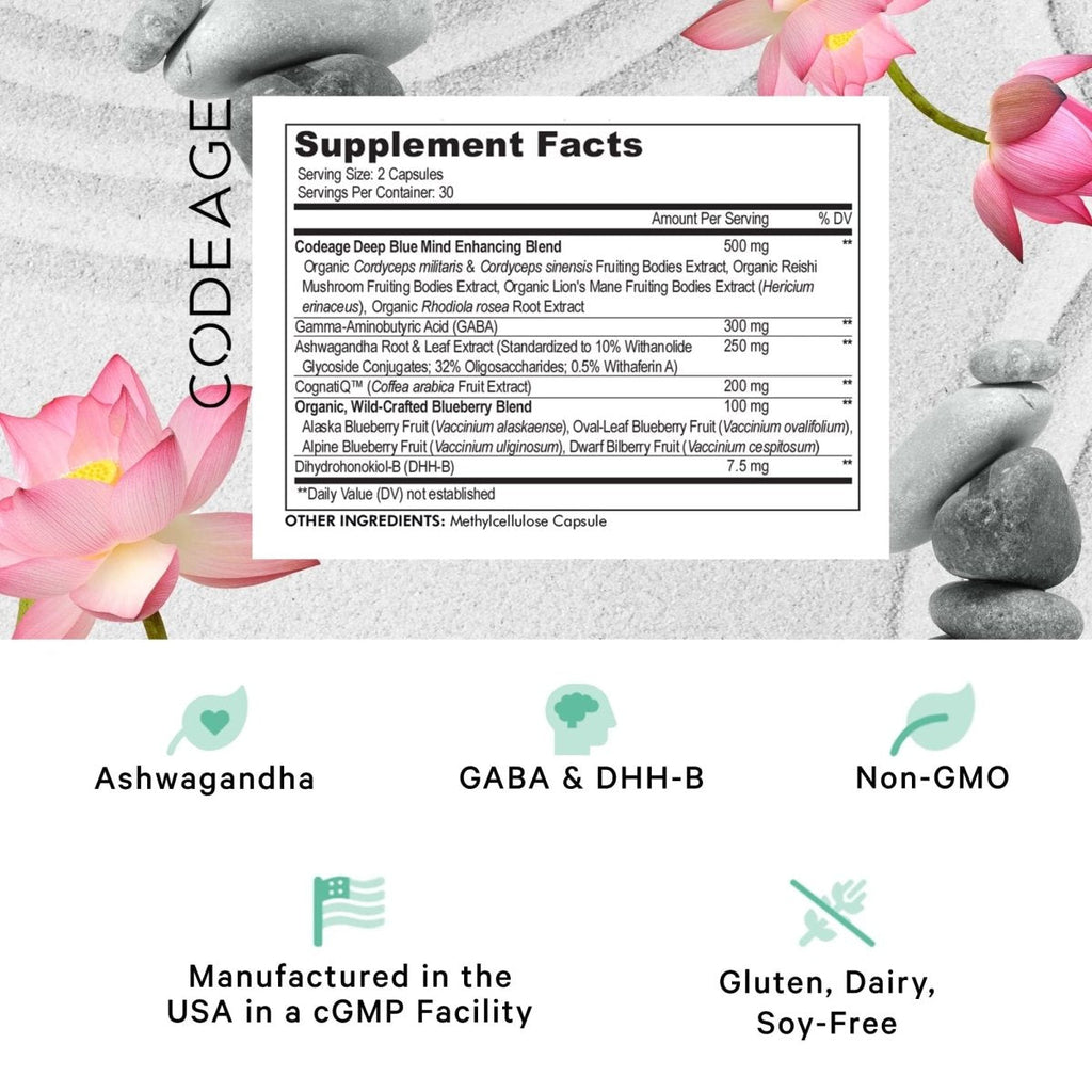 Codeage - Meditate Vitamins Brain Supplement - GABA, DHH-B, NeuroFactor, Ashwagandha - 60 Capsules