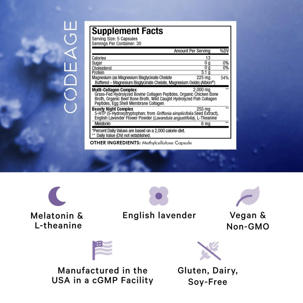 Codeage - Multi Collagen Beauty Night with 5-HTP Lavendar L-Theanine & Melatonin - 150 Capsules