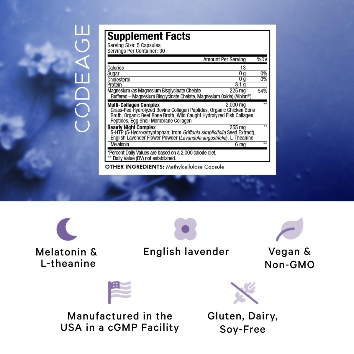 Codeage - Multi Collagen Beauty Night with 5-HTP Lavendar L-Theanine & Melatonin - 150 Capsules