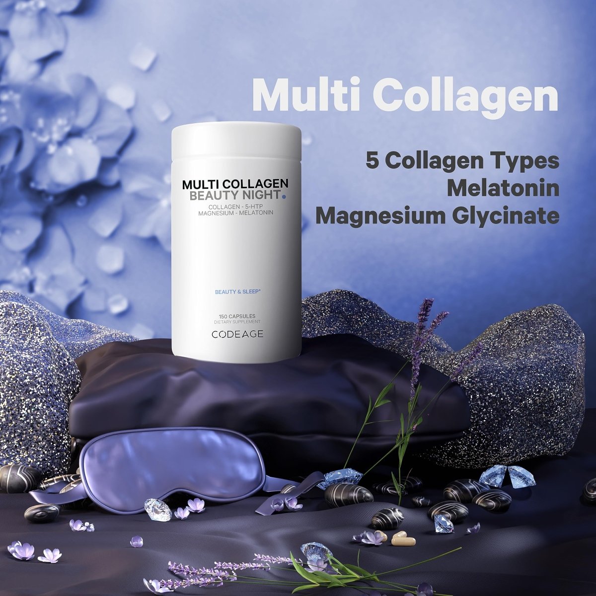 Codeage - Multi Collagen Beauty Night with 5-HTP Lavendar L-Theanine & Melatonin - 150 Capsules