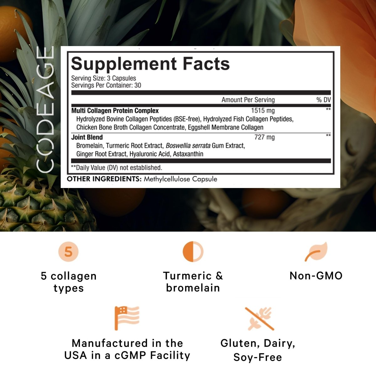 Codeage - Multi Collagen Protein + Joint Blend, Astaxanthin, Bromelain, Boswellia - 90 Capsules
