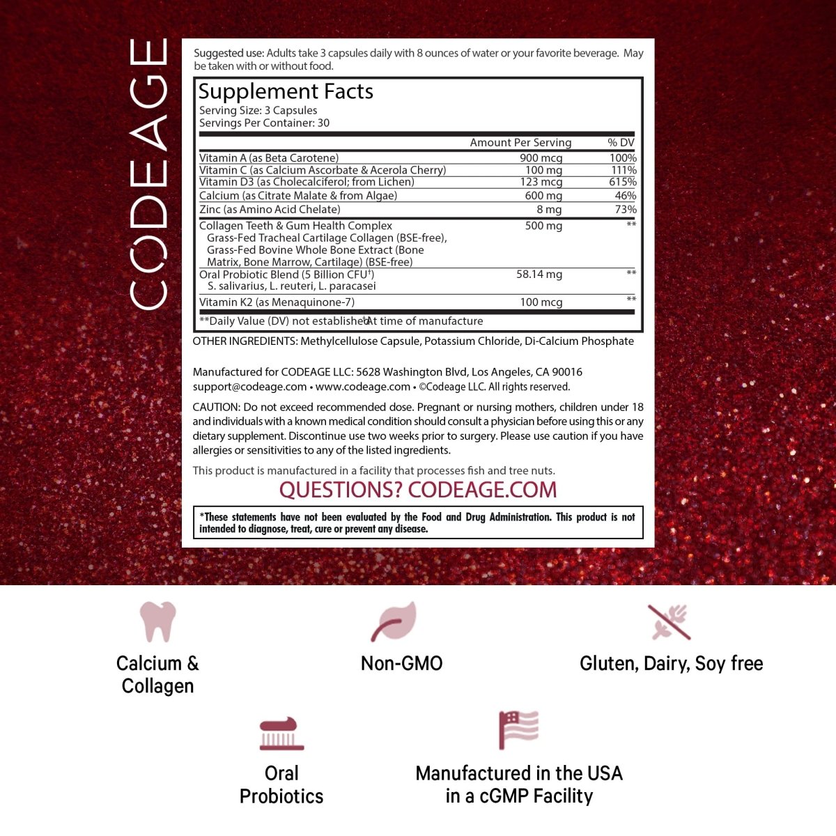 Codeage - Teeth & Gums Vitamins + Oral Probiotics Mouth Care Supplement - 90 Capsules