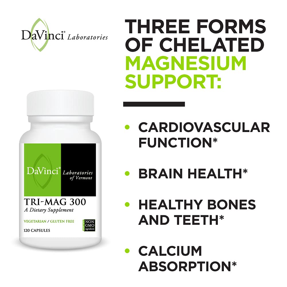 Davinci Laboratories Tri-Mag 300mg Magnesium Taurate Glycinate Malate Support Supplement, 120 Capsules - Vegetarian, Non-GMO Ingredients