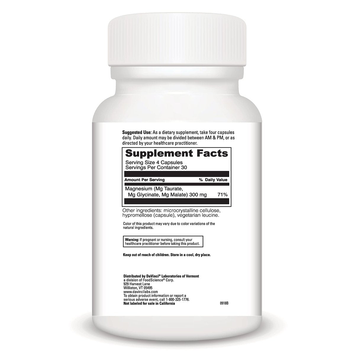 Davinci Laboratories Tri-Mag 300mg Magnesium Taurate Glycinate Malate Support Supplement, 120 Capsules - Vegetarian, Non-GMO Ingredients