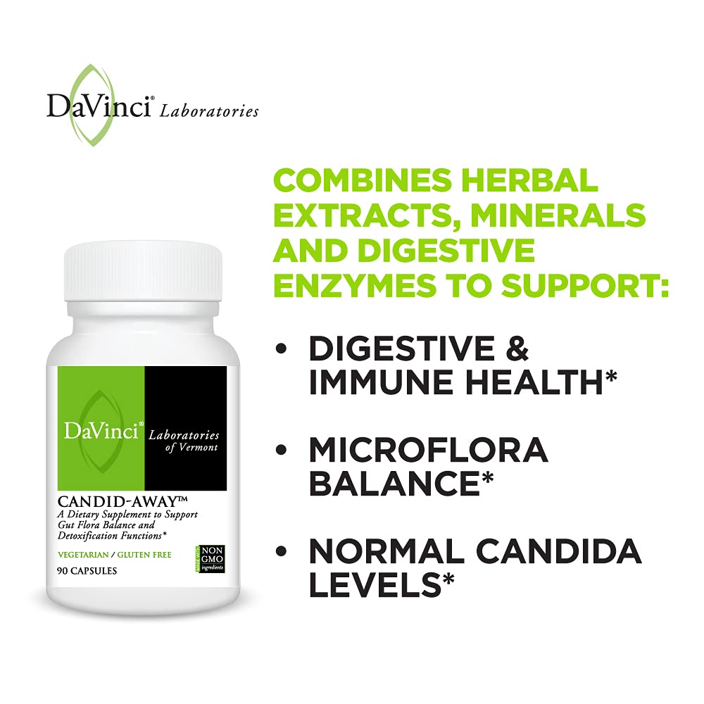 DAVINCI Labs Candid-Away - Dietary Supplement to Support Microflora Balance, Detox and a Healthy Gut - with Calcium, Magnesium, Cellulase, Betaine HCI, and More - Gluten-Free - 90 Vegetarian Capsules