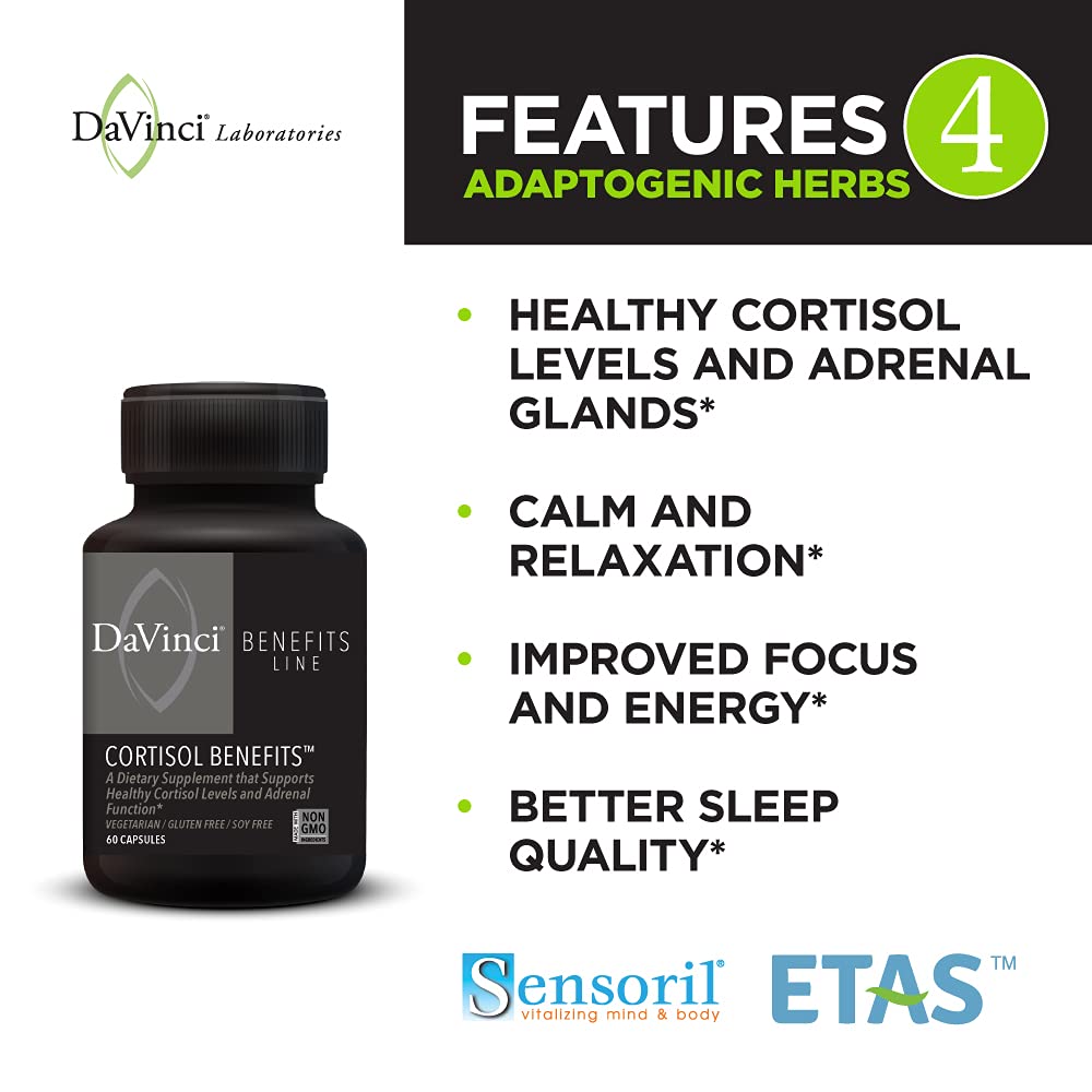 DaVinci Labs Cortisol Benefits - Dietary Supplement to Support Healthy Cortisol Levels and Adrenal Health - With Ashwagandha Extract, Rhodiola Rosea Root and More - Gluten-Free -60 Vegetarian Capsules