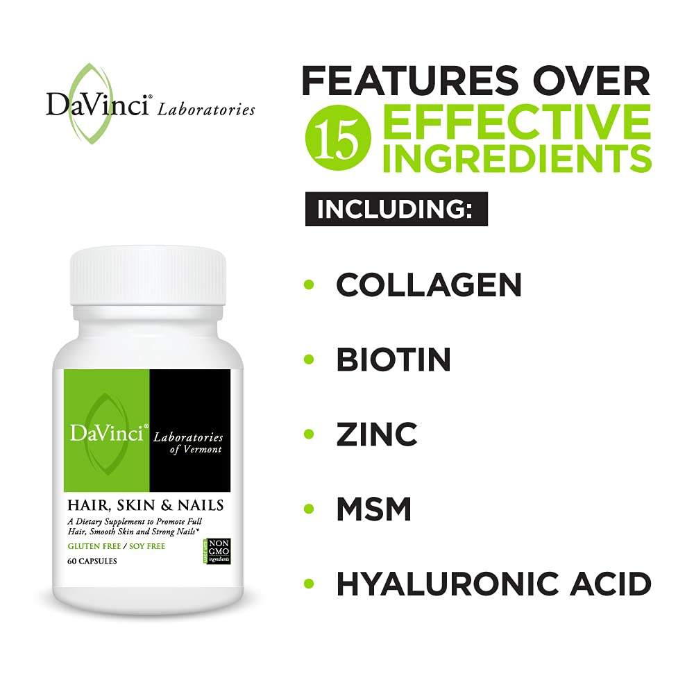 DaVinci Labs Hair, Skin & Nails - Dietary Supplement to Support Smooth, Healthy Skin, Strong Nails and Hair Health* - With Vitamin C and D3, Minerals, Biotin, Zinc and More - Gluten-Free - 60 Capsules