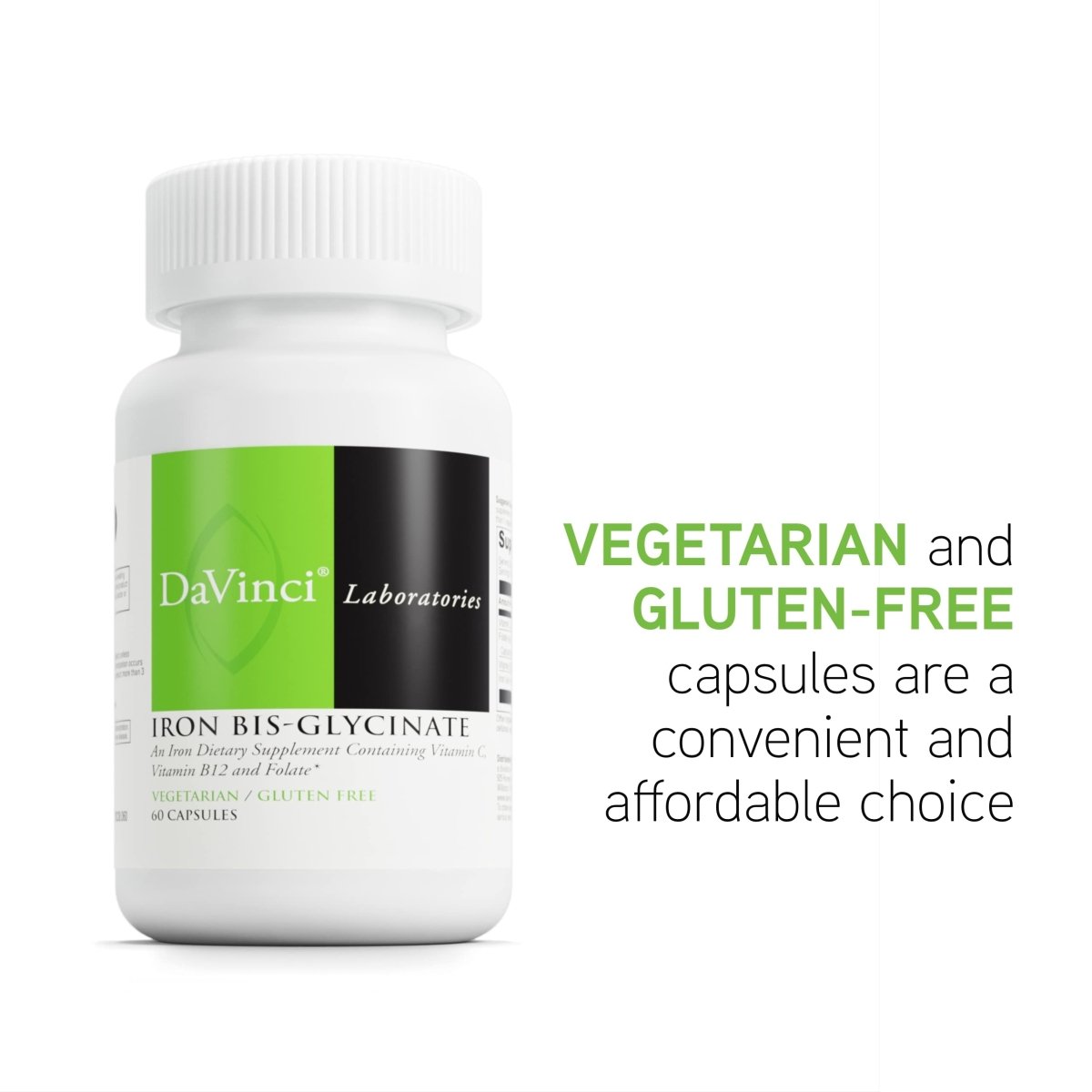 DaVinci Labs Iron Bis-Glycinate - Iron Supplement for Women or Men - Supports Hemoglobin Production, Energy and Menstrual Function* - With Vitamin C, and More - Gluten-Free - 60 Vegetarian Capsules