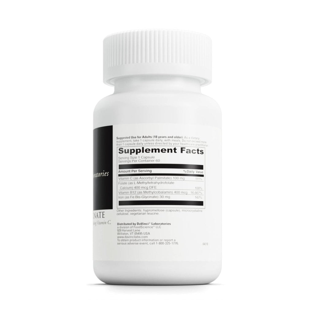 DaVinci Labs Iron Bis-Glycinate - Iron Supplement for Women or Men - Supports Hemoglobin Production, Energy and Menstrual Function* - With Vitamin C, and More - Gluten-Free - 60 Vegetarian Capsules