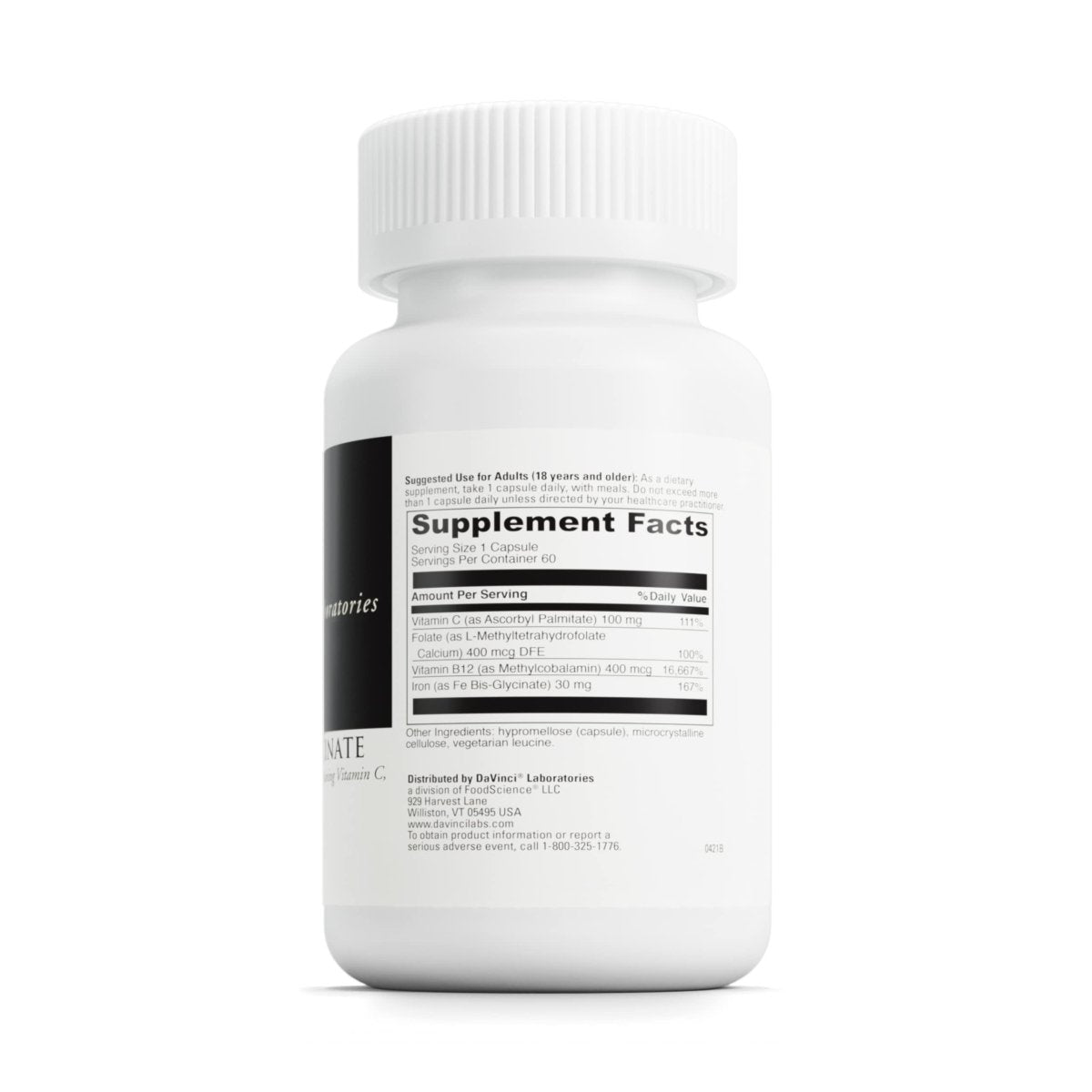 DaVinci Labs Iron Bis-Glycinate - Iron Supplement for Women or Men - Supports Hemoglobin Production, Energy and Menstrual Function* - With Vitamin C, and More - Gluten-Free - 60 Vegetarian Capsules
