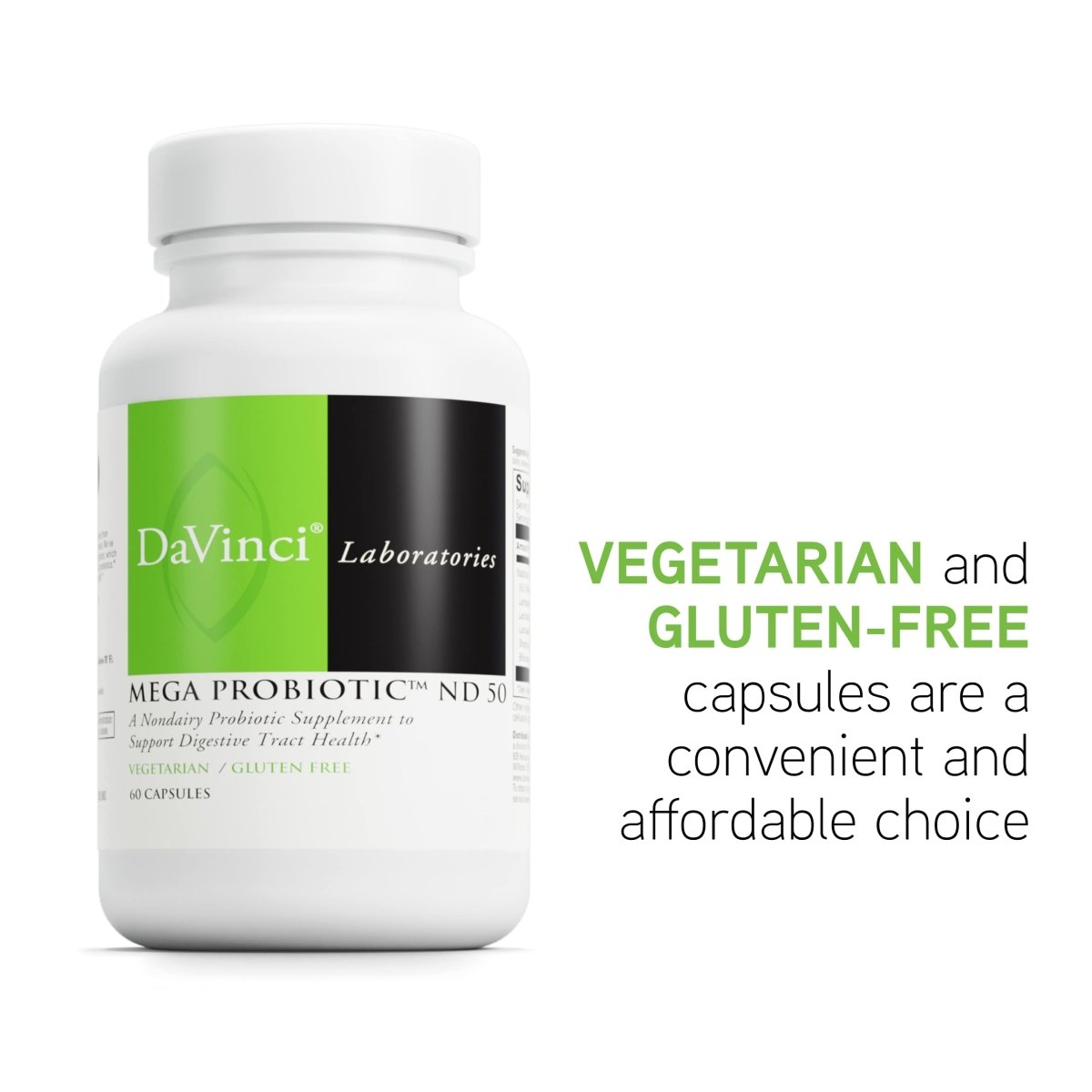 DaVinci Labs Mega Probiotic ND 50 - Non-Dairy Probiotic Supplement with Prebiotic to Support Digestive Health and Immune System - With Nondairy Probiotic Complex - Gluten-Free - 60 Vegetarian Capsules