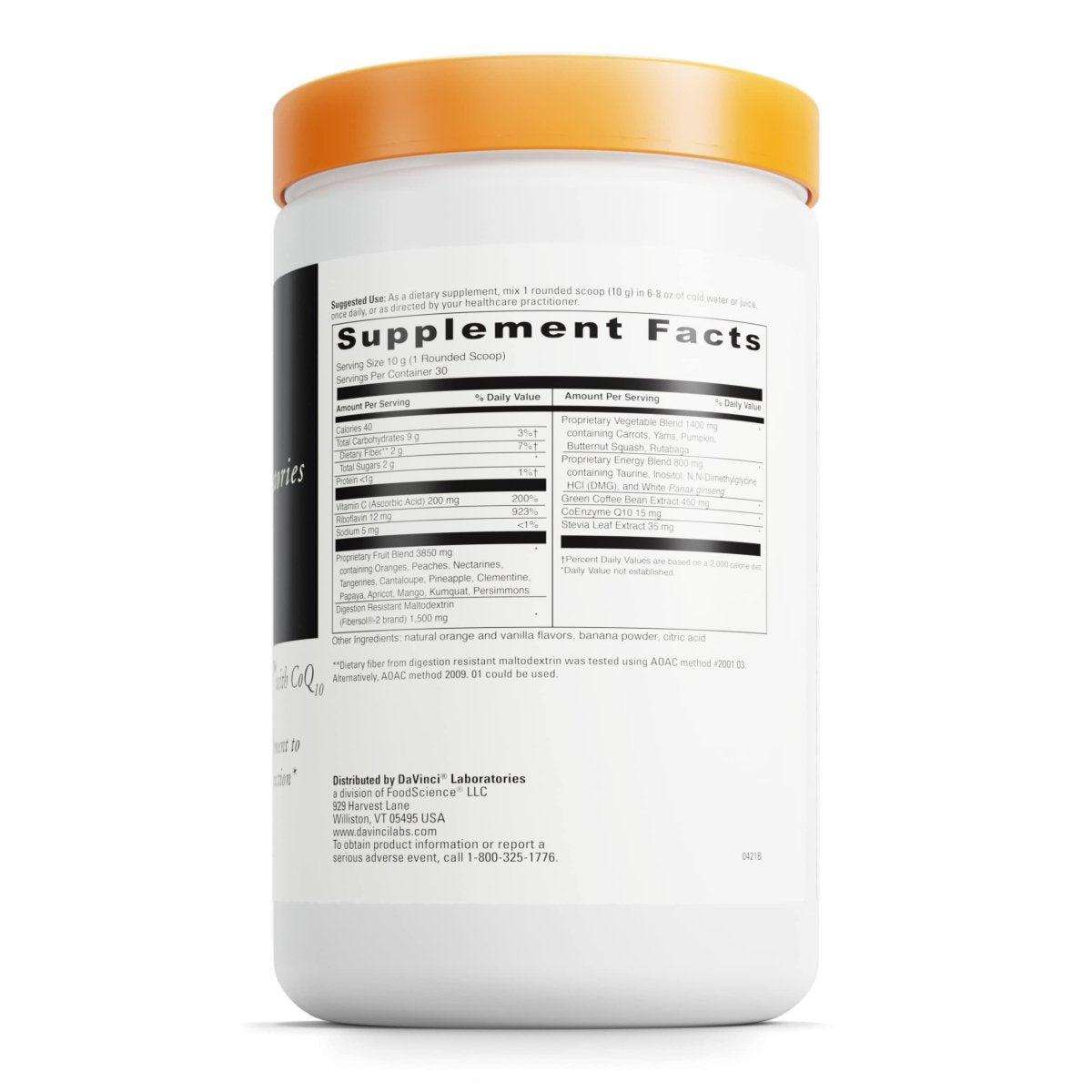 DaVinci Labs Spectra Orange - Energy Drink Supplement to Support Endurance, Metabolism and Cognitive Function - With Fiber, Protein, Vitamins, Minerals and More - Vegetarian - Gluten-Free -30 Servings