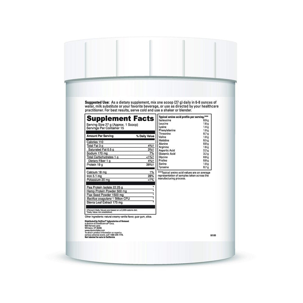 DAVINCI Labs Vegan Protein - Protein Powder Supplement for Weight Support, Muscle and Tissue Repair* - with Pea, Flax Seed, and More - Creamy Vanilla Flavor - Soy and Gluten-Free - 447g, 15 Servings