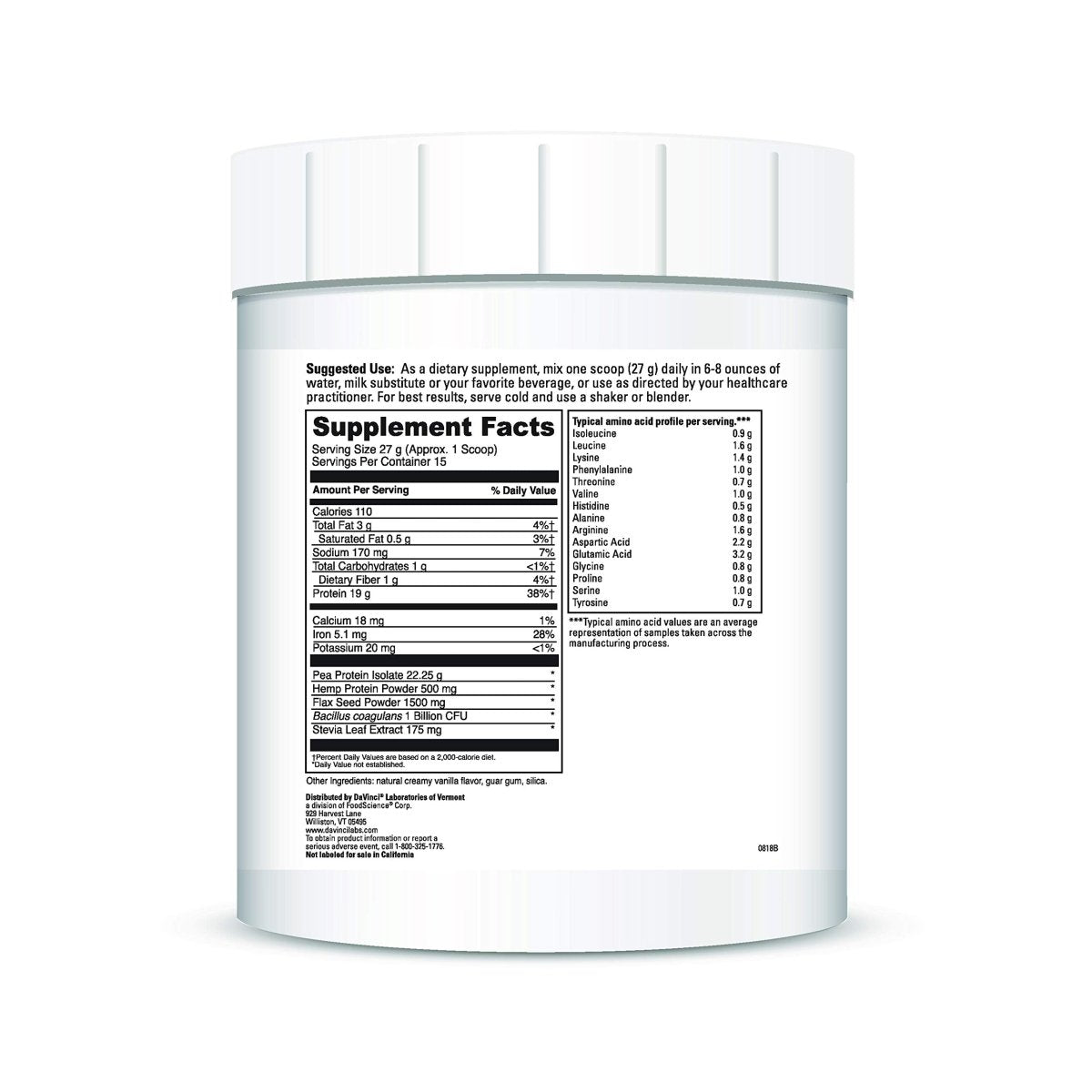 DAVINCI Labs Vegan Protein - Protein Powder Supplement for Weight Support, Muscle and Tissue Repair* - with Pea, Flax Seed, and More - Creamy Vanilla Flavor - Soy and Gluten-Free - 447g, 15 Servings