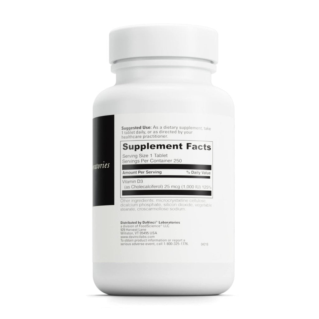 DaVinci Labs Vitamin D3 1000 IU - Dietary Supplement to Support Healthy Teeth and Bones, Cardiovascular Function and Immune Health - With 1000 IU per Serving - Gluten-Free - 250 Tablets