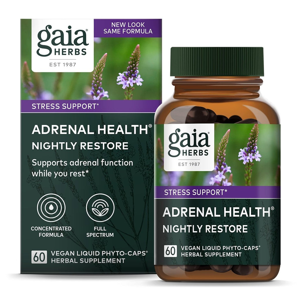 Gaia Herbs Adrenal Health Nightly Restore - Herbal Supplement with Ashwagandha, Magnolia Bark, Cordyceps, Lemon Balm, and More - 60 Vegan Liquid Phyto-Capsules (30 Servings)