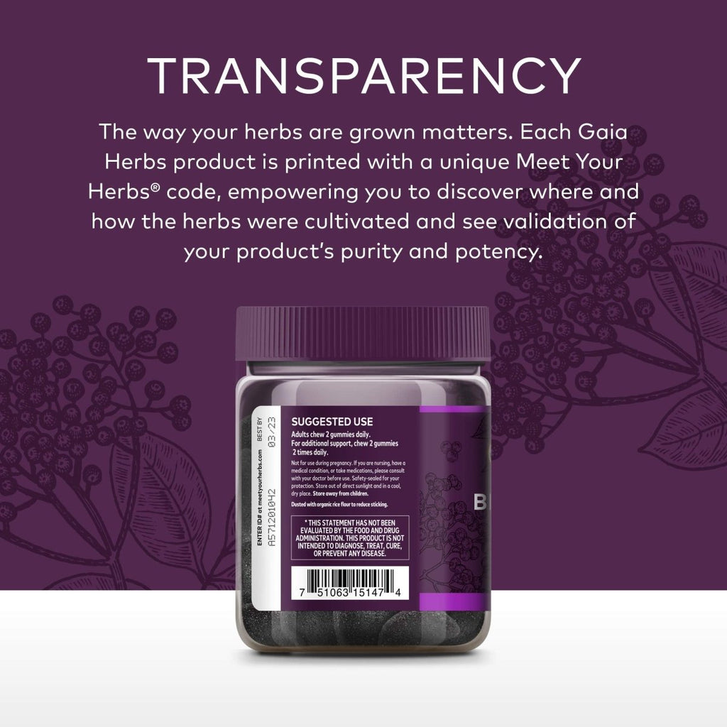 Gaia Herbs, Adult Daily Gummies, Organic, Vegan, Sambucus Black Elderberry Supplement for Daily Immune and Antioxidant Support, 40 Count (Pack of 1)