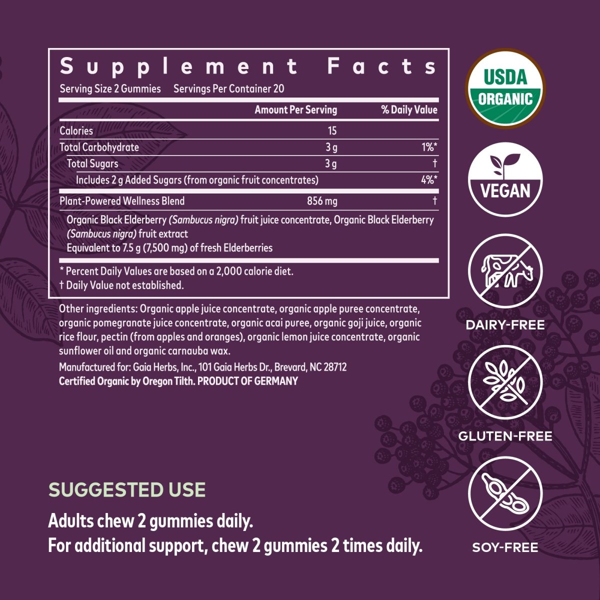 Gaia Herbs, Adult Daily Gummies, Organic, Vegan, Sambucus Black Elderberry Supplement for Daily Immune and Antioxidant Support, 40 Count (Pack of 1)