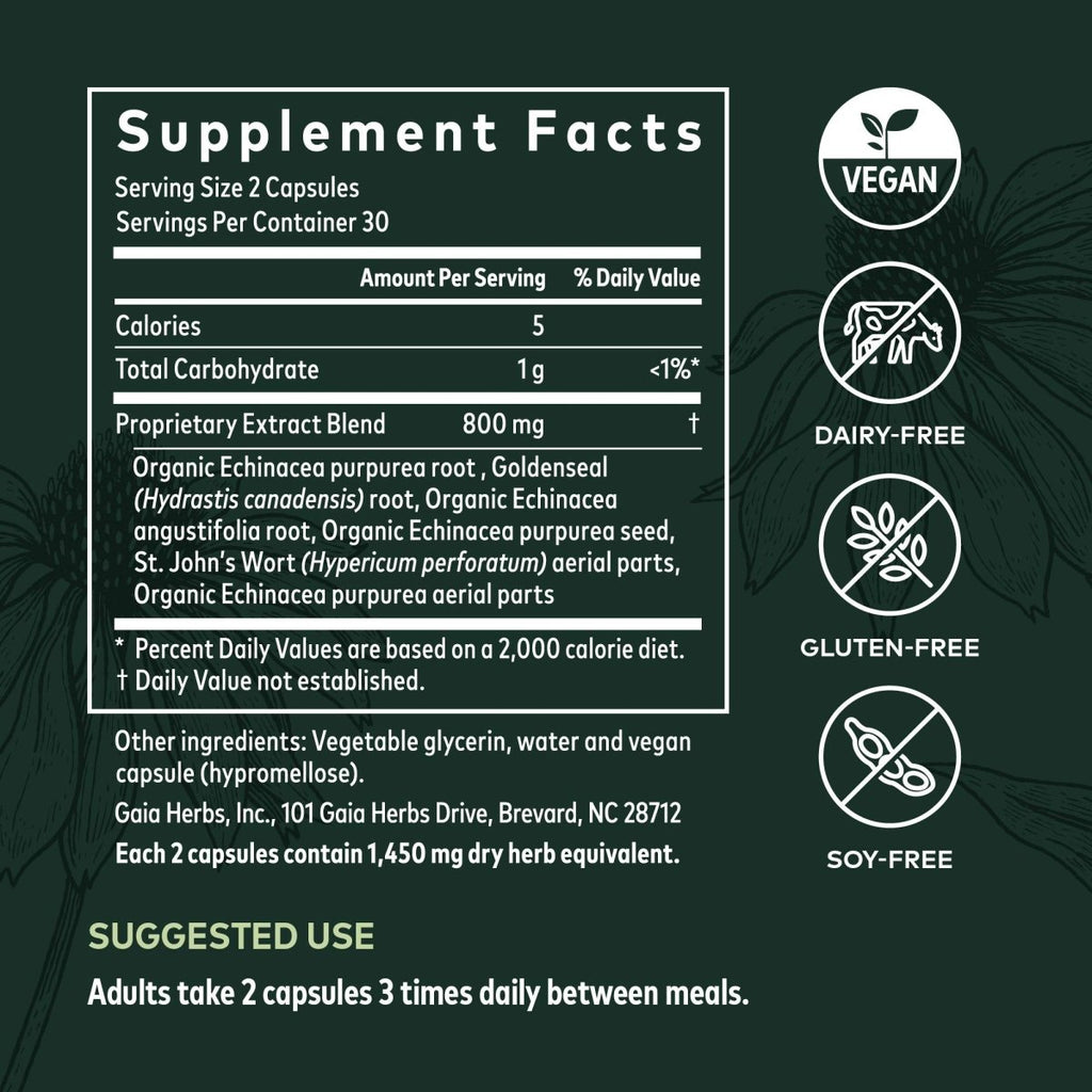 Gaia Herbs Echinacea Goldenseal - Immune & Respiratory Support - 60 Vegan Liquid Phyto-Capsules