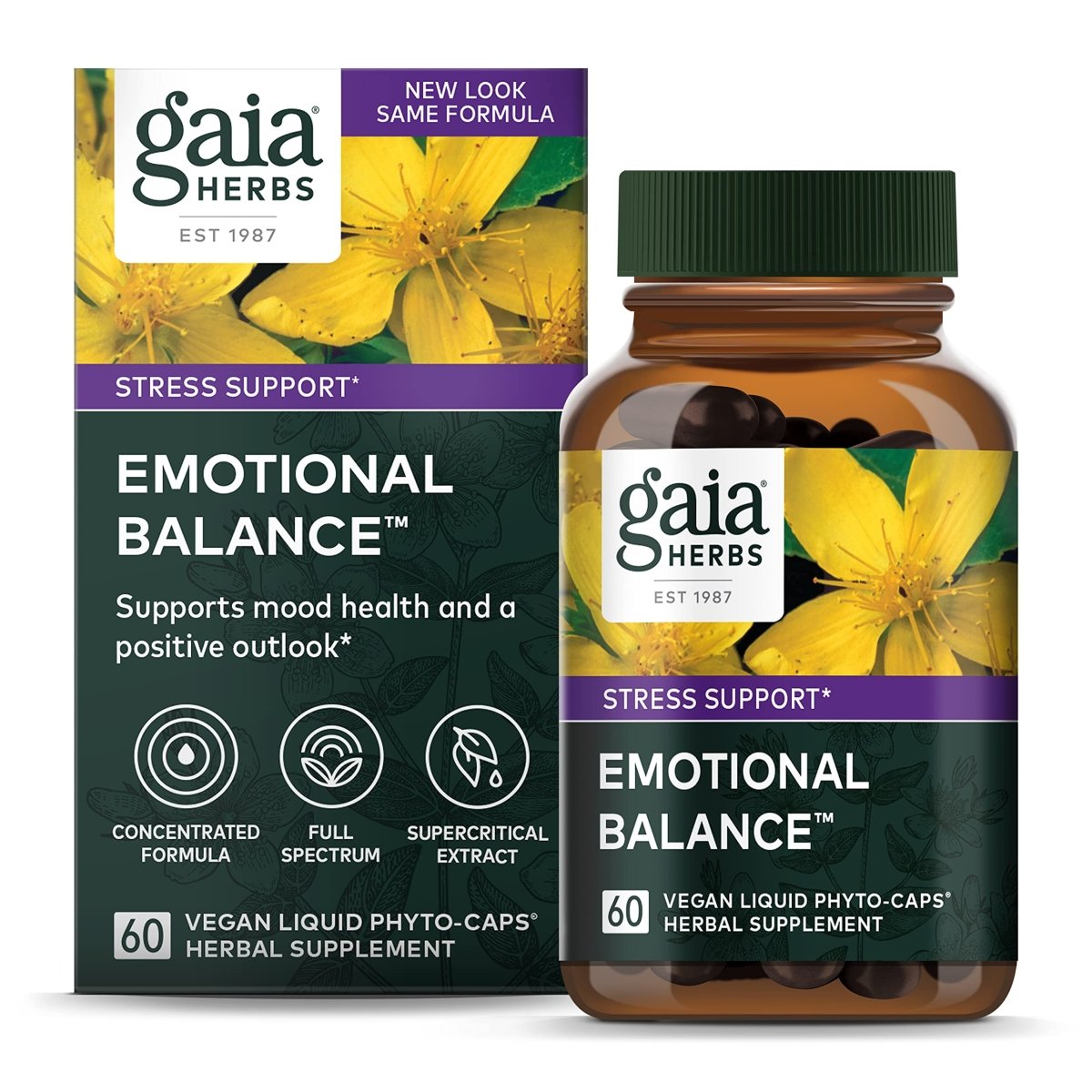 Gaia Herbs Emotional Balance - Stress Support Supplement to Help The Body Cope with Stress - with St. John?s Wort, Passionflower, Vervain, and Oats - 60 Vegan Liquid Phyto-Capsules (20-Day Supply)