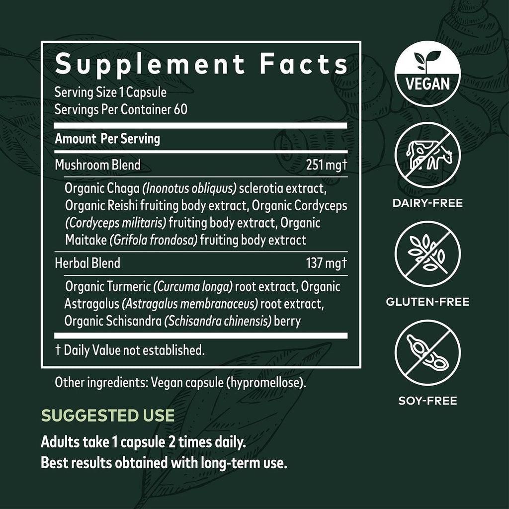 Gaia Herbs Everyday Immune Mushrooms & Herbs - Immune Support Supplement - 60 Vegan Capsules