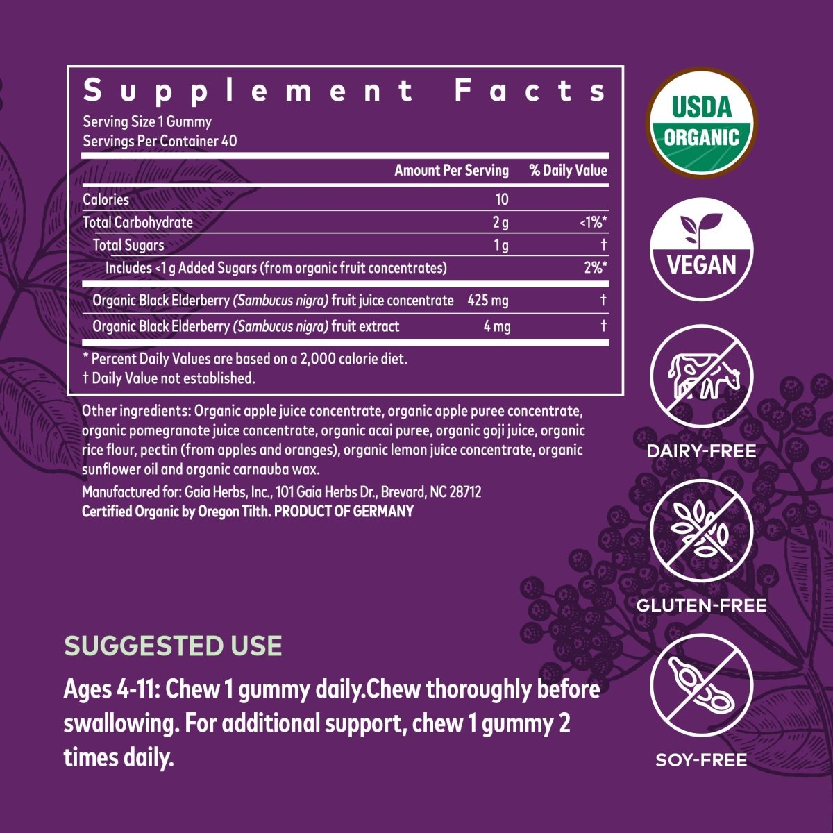 Gaia Herbs GaiaKids Black Elderberry Daily Gummies for Kids - Delicious Immune Support Supplement - Certified Organic Black Elderberries for Immune System Support - 40 Gummies (40-Day Supply)