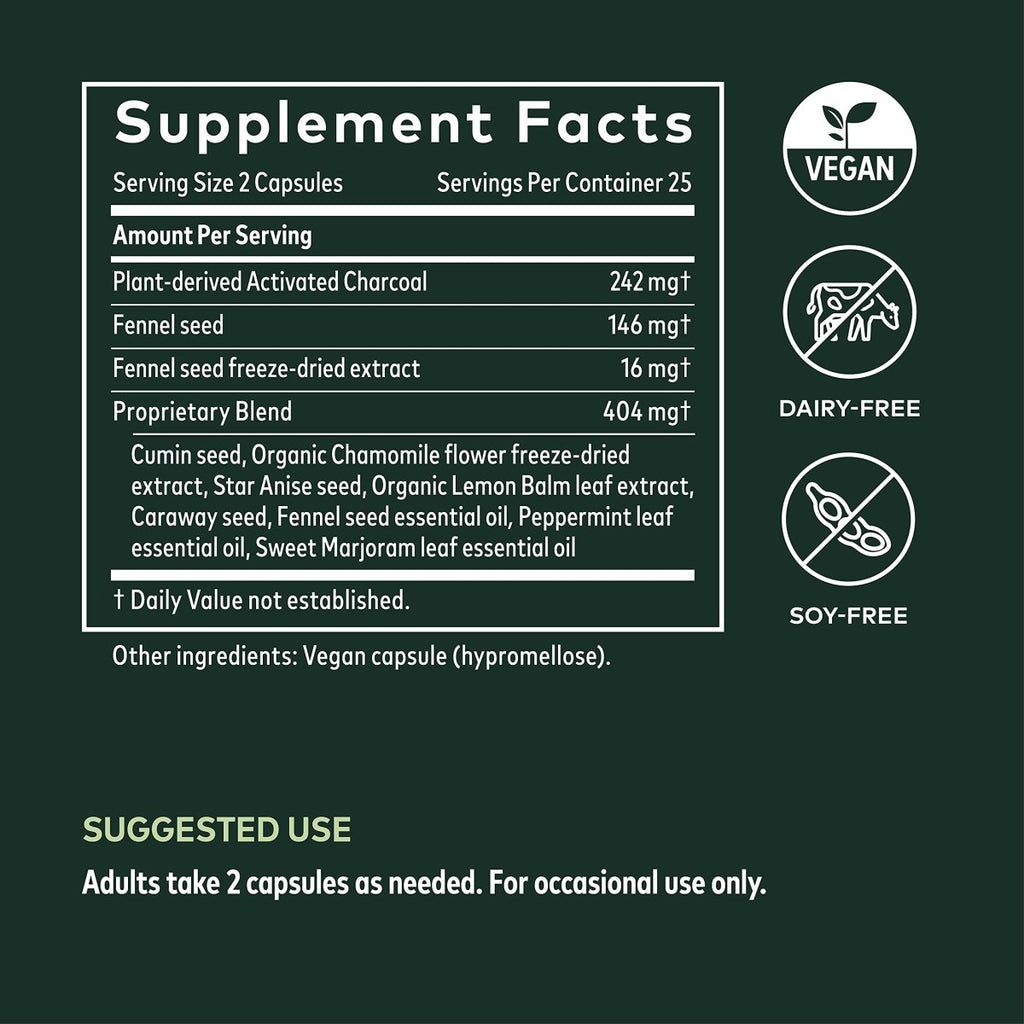 Gaia Herbs Gas & Bloating - Provides Relief from Occasional Gas and Bloating - with Activated Charcoal, Fennel, Chamomile, Cumin, and Peppermint Leaf Essential Oil - 50 Vegan Capsules (25-Day Supply)