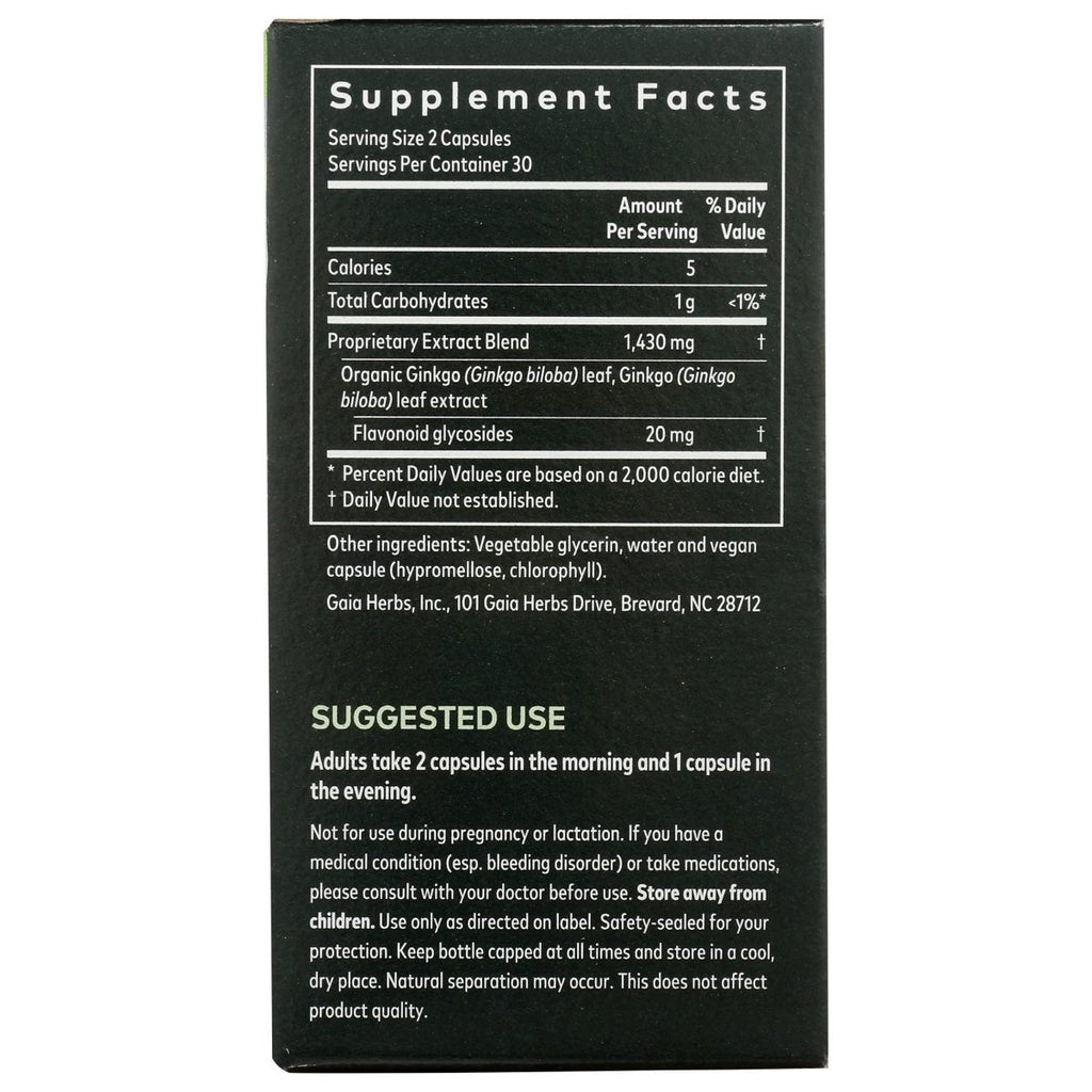 Gaia Herbs Ginkgo Leaf - Traditionally Used to Support Healthy Circulation and Brain Function - Organic, Herbal Supplement - 60 Vegan Liquid Phyto-Capsules (20-Day Supply)