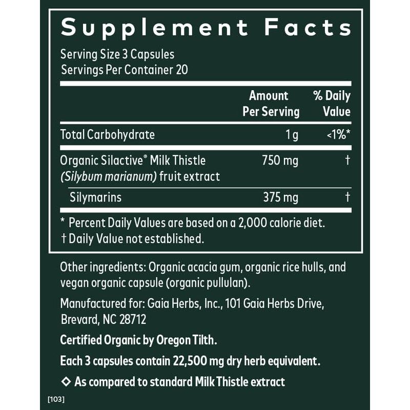 Gaia Herbs Milk Thistle - Liver Supplement & Cleanse Support for Maintaining Healthy Liver Function* - 120 Vegan Capsules (20-Day Supply)
