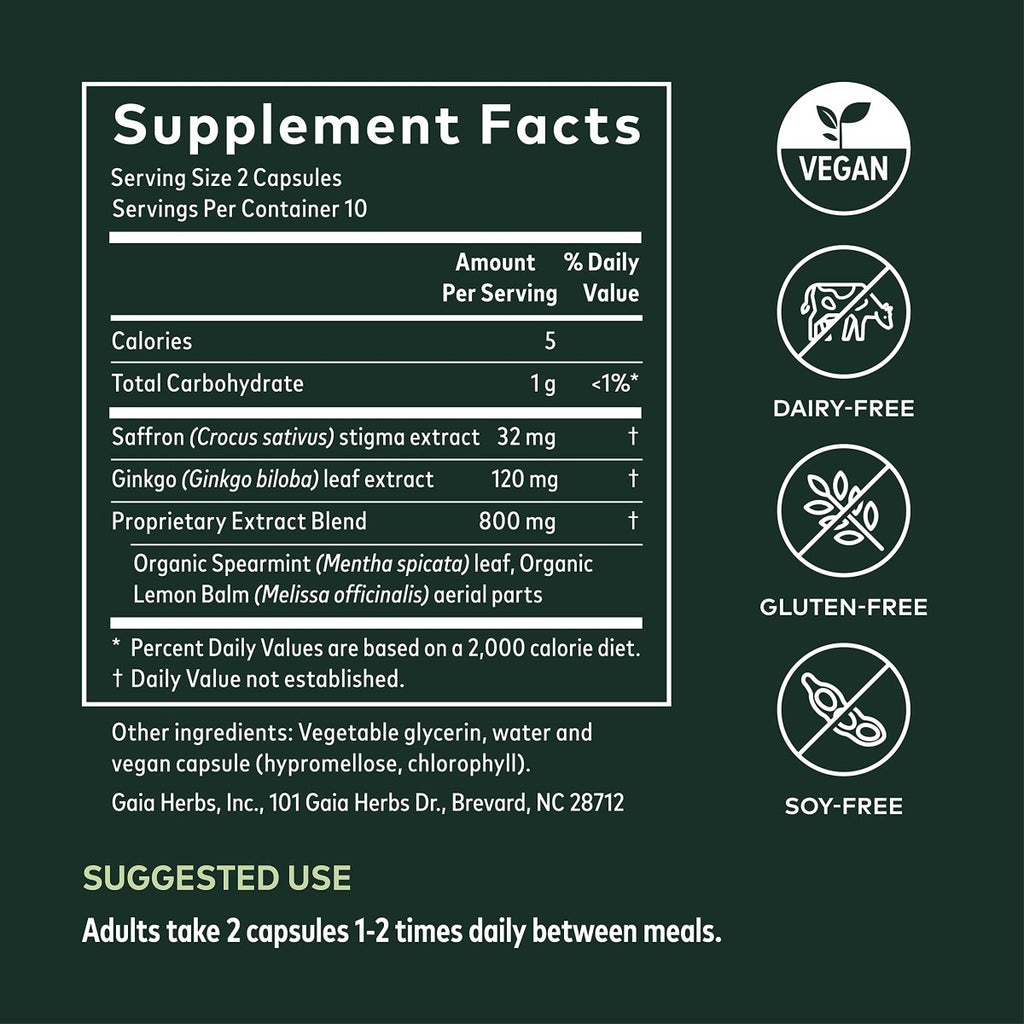 Gaia Herbs Nootropic Focus - Brain & Cognitive Support Supplement to Help Maintain Healthy Concentration* - with Saffron, Lemon Balm & Spearmint - 20 Liquid Phyto-Capsules (Up to 10-Day Supply)