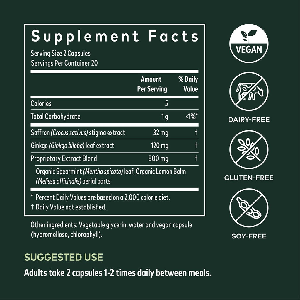Gaia Herbs Nootropic Focus - Brain & Cognitive Support Supplement to Help Maintain Healthy Concentration* - with Saffron, Lemon Balm & Spearmint - 40 Liquid Phyto-Capsules (Up to 20-Day Supply)