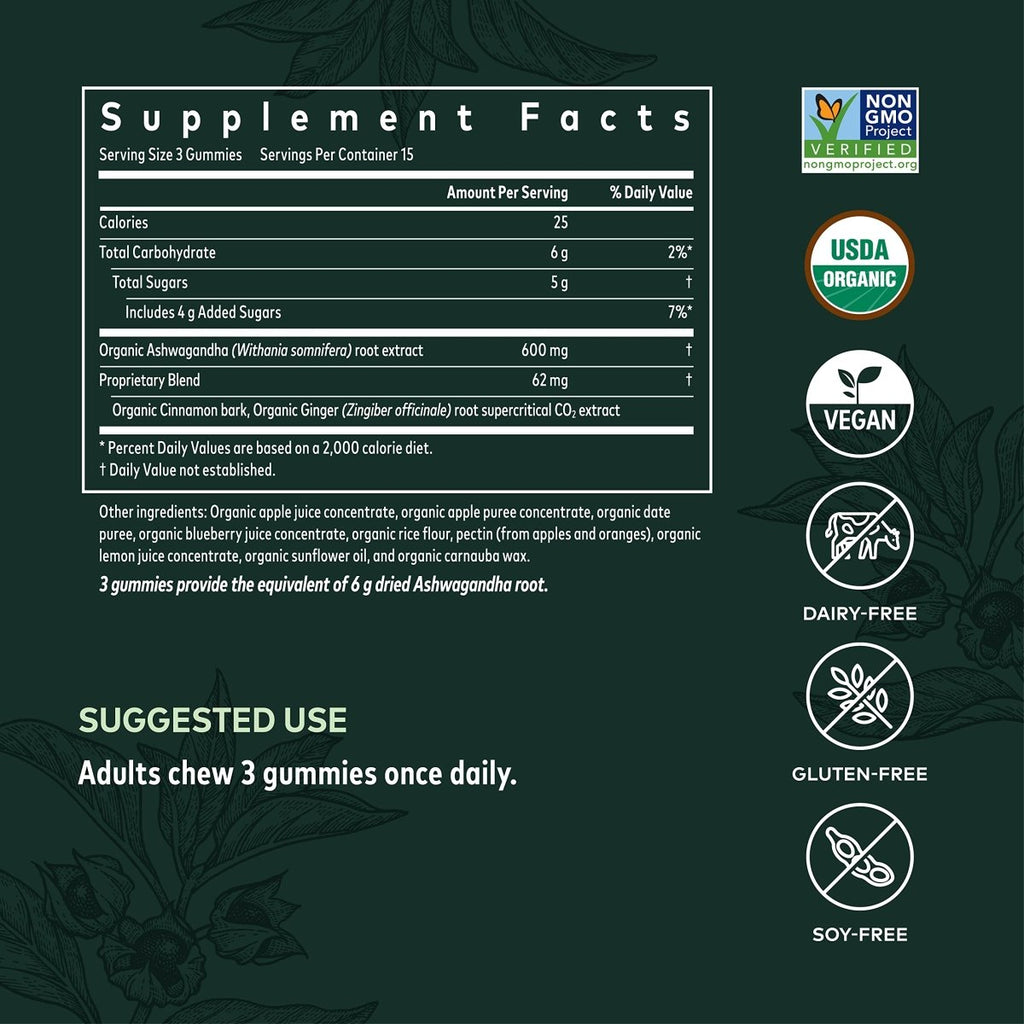 Gaia Herbs Organic Ashwagandha Gummies, Stress Support, Cinnamon, Ginger, Gluten Free, Vegan, 45 Count