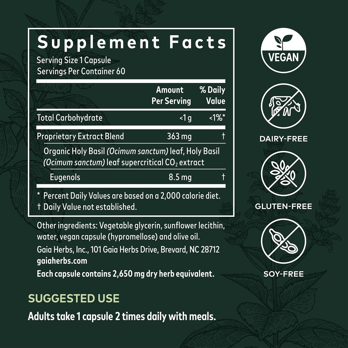 Gaia Herbs Pro Holy Basil Leaf - Stress Support Supplement with Holy Basil - Herbal Supplements to Support a Positive Mindset - 60 Liquid Phyto-Caps