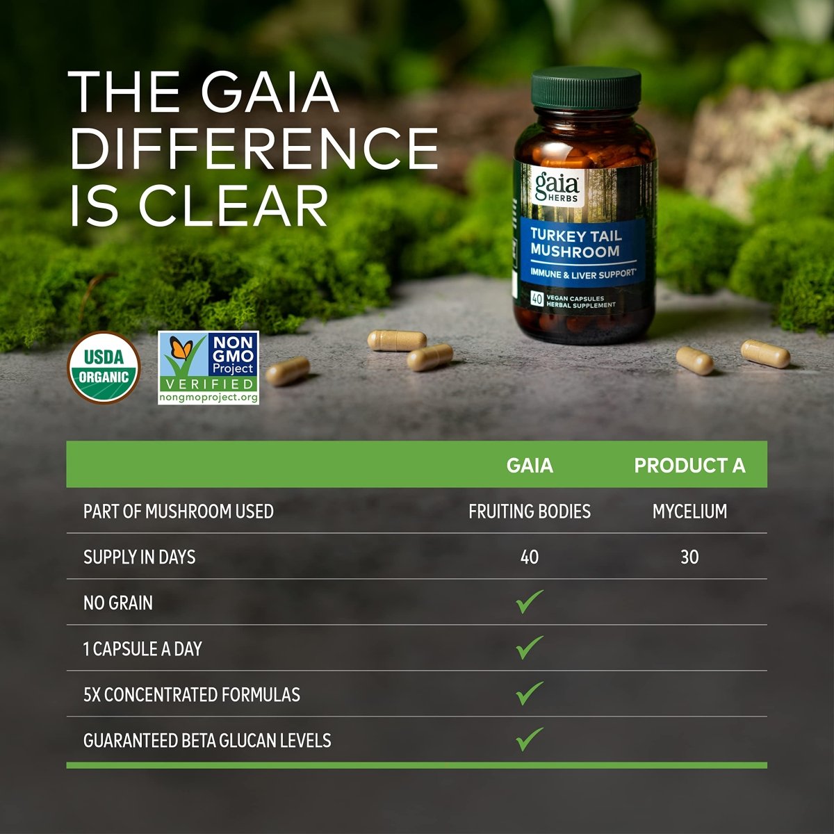 Gaia Herbs Turkey Tail Mushroom - Immune Support Supplement to Help Maintain Liver Health - with Organic Turkey Tail Mushroom Fruiting Body Extract - 40 Vegan Capsules