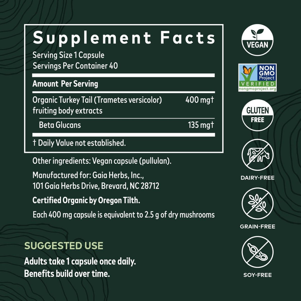 Gaia Herbs Turkey Tail Mushroom - Immune Support Supplement to Help Maintain Liver Health - with Organic Turkey Tail Mushroom Fruiting Body Extract - 40 Vegan Capsules